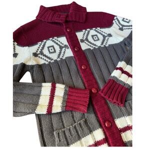 Vintage Retro Sigallo Knit Cardigan big collar, Gray, Maroon & Cream size medium